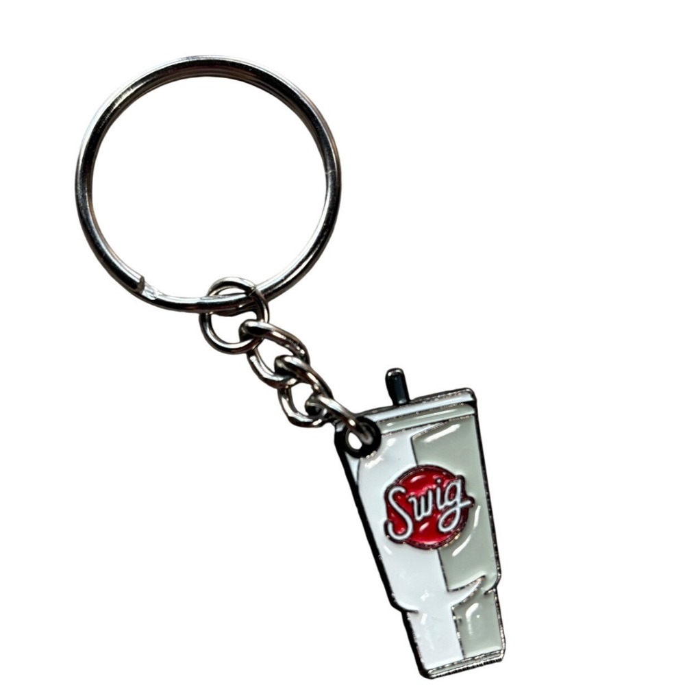 Swig Soda Shop Enamel Keychain Tumbler Cup Logo White Red Silver Tone Accessory
